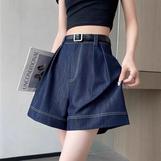 Cloud Nine-High Waist Contrast Stitching Denim Shorts