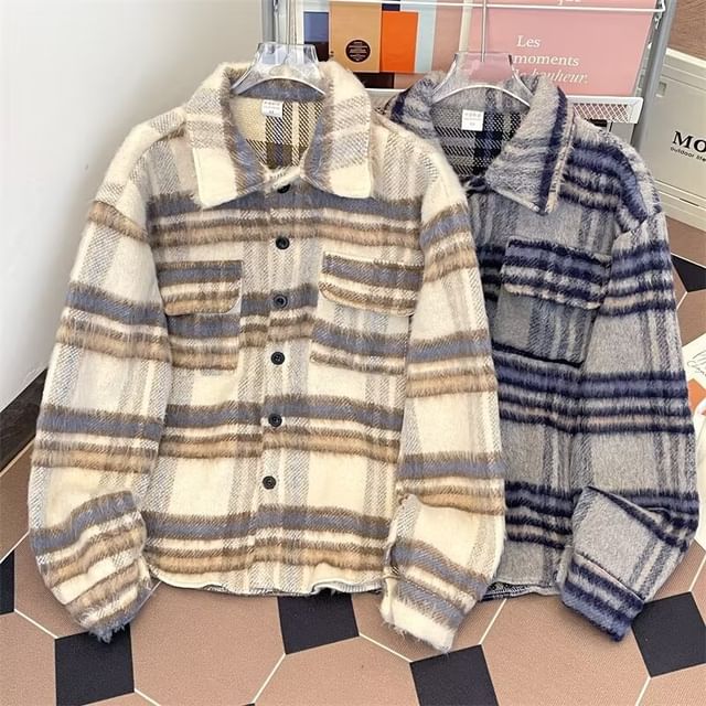 Femilina-Plaid Pocket Detail Single-Breasted Shacket