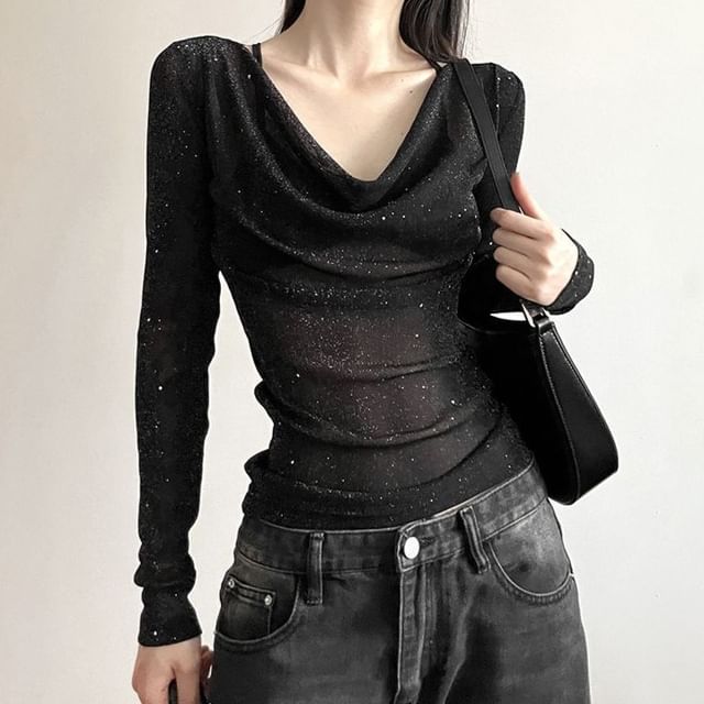 CRIBI-Long-Sleeve V-Neck Glitter Top