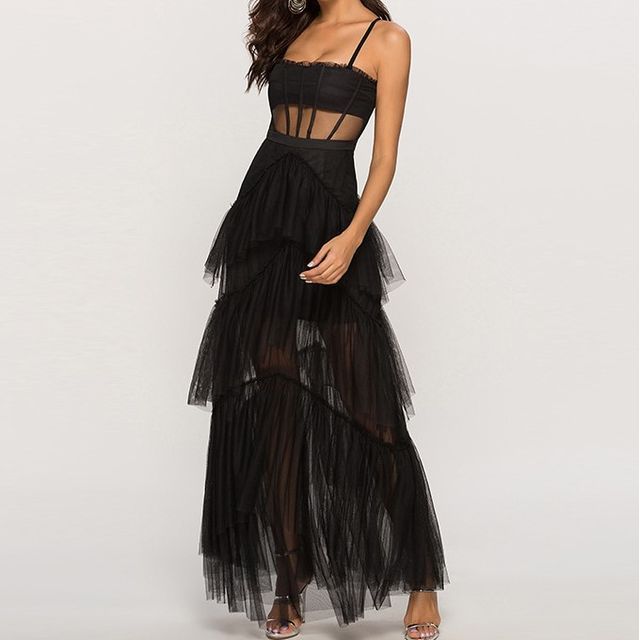 Bolgivy-Spaghetti Strap Plain Ruffle Mesh Evening Dress
