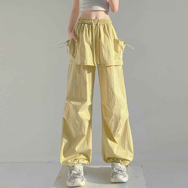 JVL-Drawstring Waist Plain Wide Leg Cargo Pants