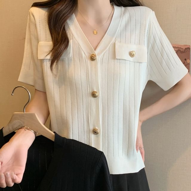 Dragan Pulse-Short-Sleeve V-Neck Plain Ribbed Button Knit Top