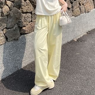 Porstina-Drawstring Waist Plain Wide Leg Cargo Pants