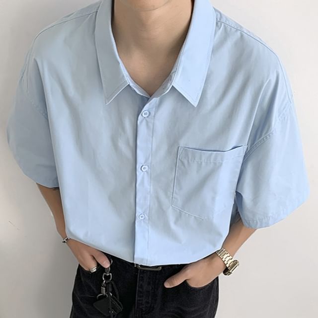 Mimiyox-Short Sleeve Collared Plain Shirt
