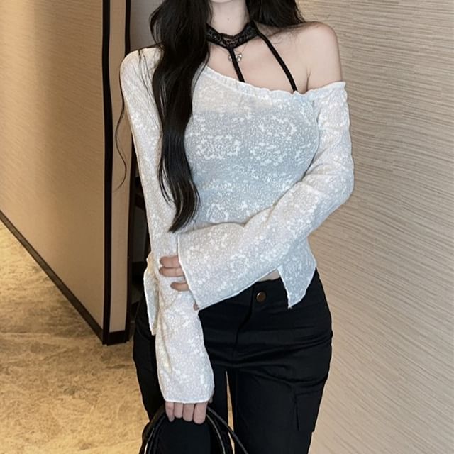 Allinya-Set Long Sleeve One Shoulder Plain Asymmetrical Top Plain Panel Lace Camisole Top