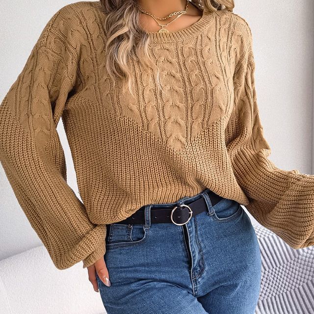 Grovitique Scoop Neck Cable Plain Knit Sweater YesStyle