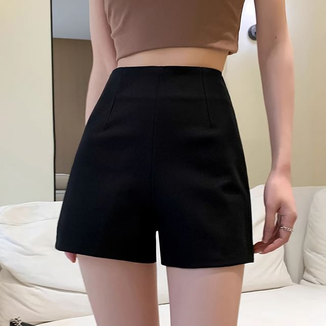 PERKARP-High Waist Plain Hot Pants