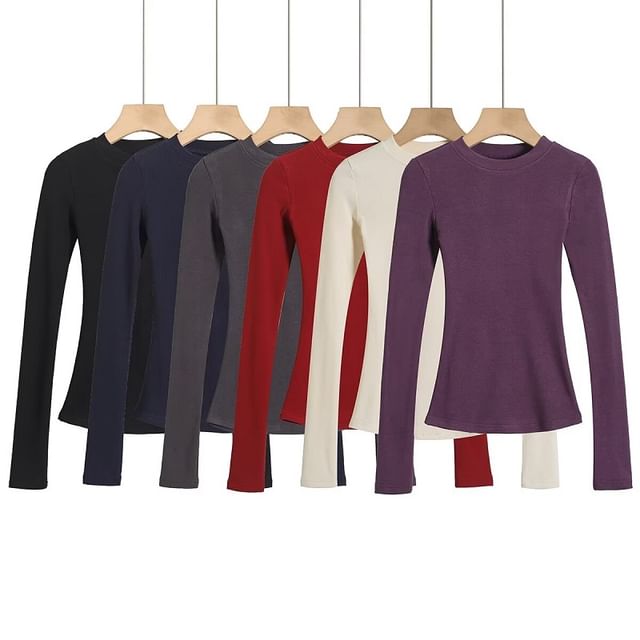 Hollahop-Long Sleeve Round Neck Plain T-Shirt