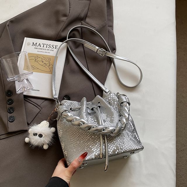 Skyglow-Drawstring Faux Leather Bucket Bag