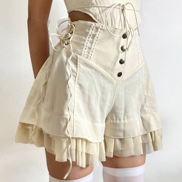 Puffie - High Waist Plain Lace-Up Ruffled Wide Leg Shorts | YesStyle