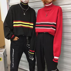 Genki Groove - Couple Matching Striped Mock Neck Sweater Genki Groove - Couple Matching Striped Mock Neck Sweater