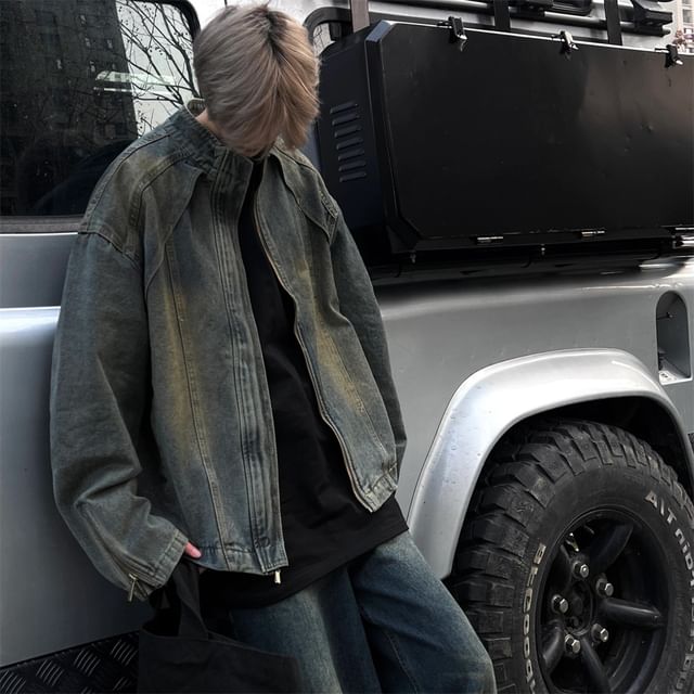 Zentrus-Washed Zip Denim Jacket