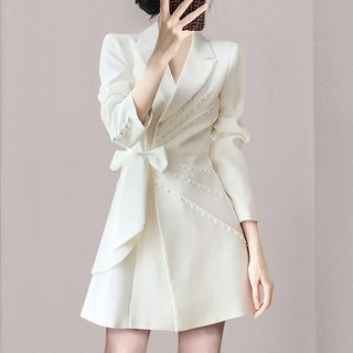 Yilda Long-Sleeve Plain Faux Pearl Bow Mini Blazer Dress