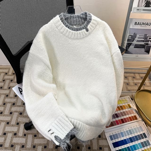 Whyessa-Crew Neck Plain Distressed Oversized Sweater