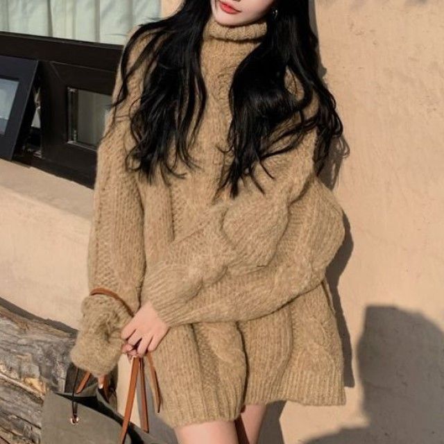 Janerium-Turtleneck Plain Long Sweater