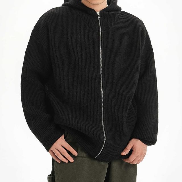 Adothuiastic-Hooded Ribbed Zip Cardigan
