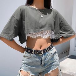 Puffie - Short-Sleeved Lace-Trimmed Cropped T-Shirt Puffie - Short-Sleeved Lace-Trimmed Cropped T-Shirt