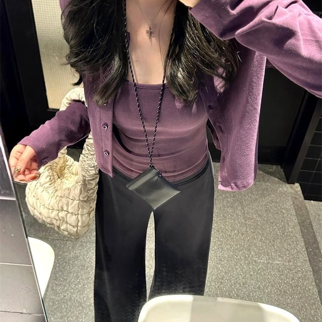 Gilmort-Set Plain Cami Top Round Neck Button Jacket