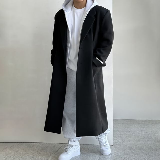 mopagrati-Notch Lapel Plain Button-Up Long Coat