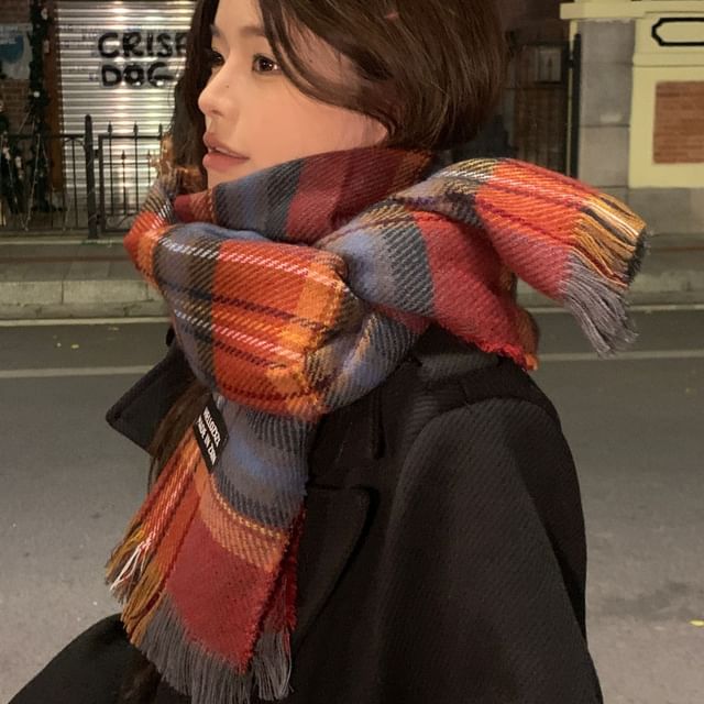 Frior-Plaid Fringed Scarf