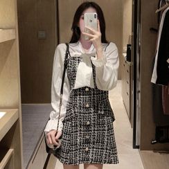 Jeans Kingdom - Tie-Neck Blouse / Tweed Mini A-Line Pinafore Dress Jeans Kingdom - Tie-Neck Blouse / Tweed Mini A-Line Pinafore Dress