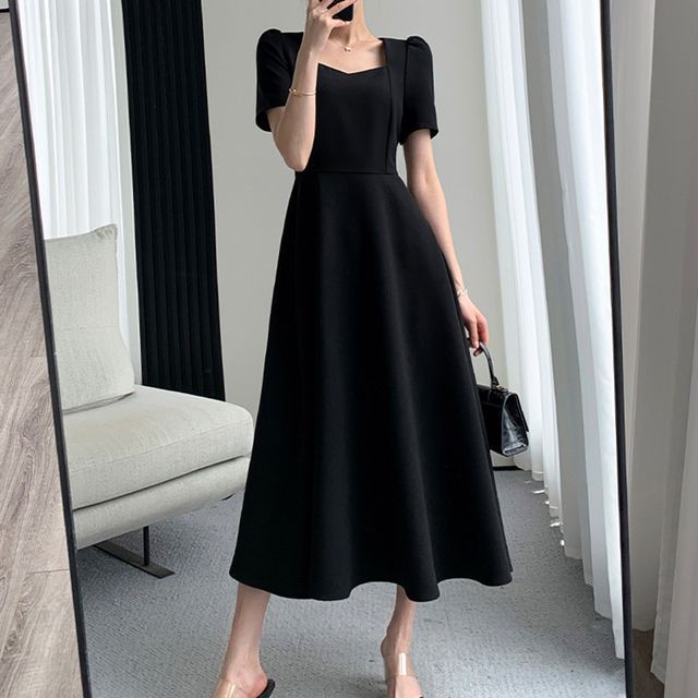 knee length dresses for ladies Puff Short Sleeve Square Neck Midi Dress – English Factory main image 0