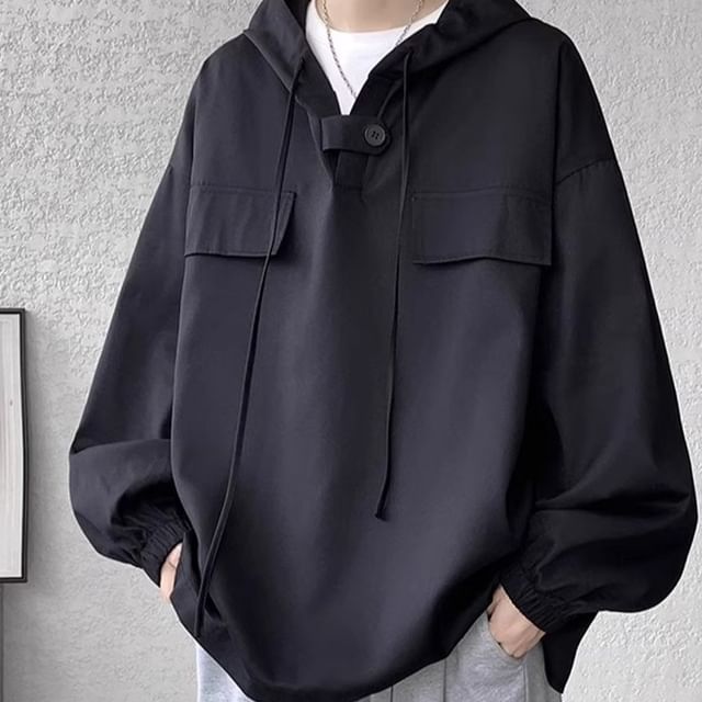 emeisa-Drawstring Plain Single Button Hoodie