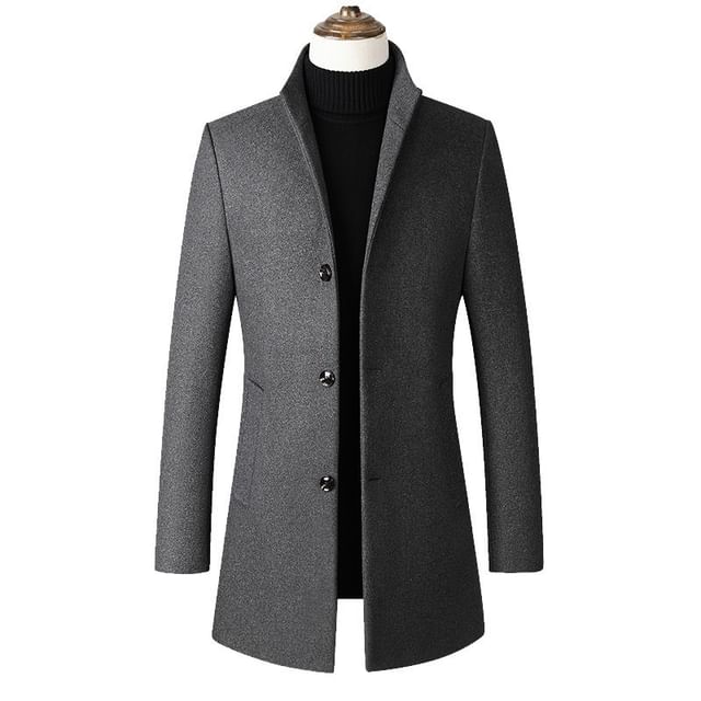 YIKES-Stand Collar Plain Single-Breasted Coat