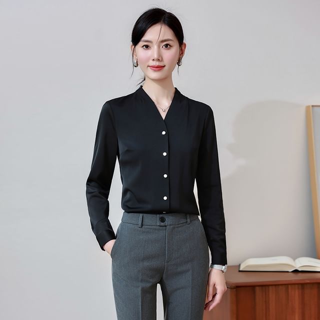 Skyheart-Plain Button-Up Shirt