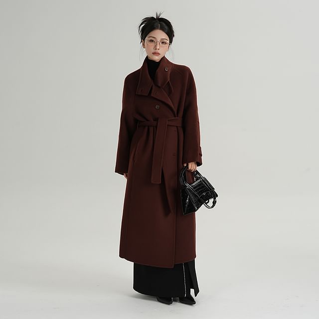 Keiko Girl-Stand Collar Plain Double Breasted Long Coat