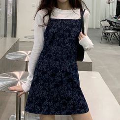 Dute - 长袖纯色T裇 / 花朵印花迷你牛仔吊带连衣裙 Dute - 长袖纯色T裇 / 花朵印花迷你牛仔吊带连衣裙