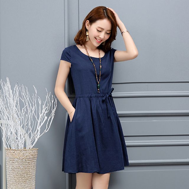 Everose-Cap-Sleeve Sashed Mini A-Line Dress