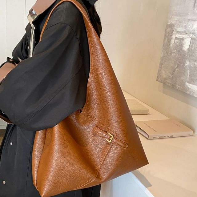 KOCORE-Plain Buckled Faux Leather Tote Bag