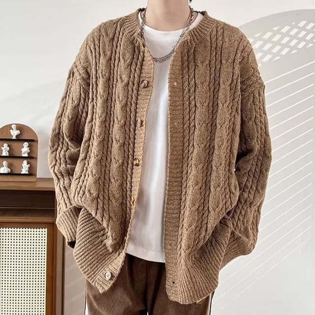 Sinlarity-Crewneck Cable Knit Plain Button-Up Cardigan