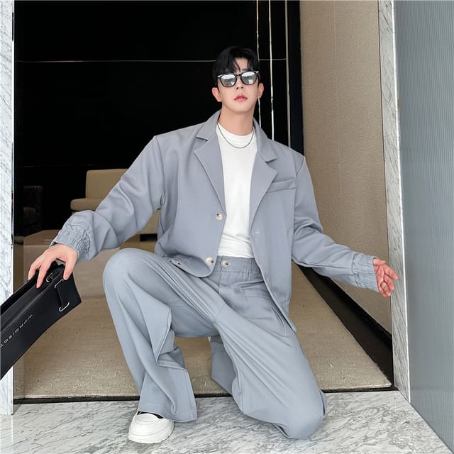 Freehop-Set Lapel Collar Plain Single Breasted Blazer Mid Rise Plain Wide Leg Pants