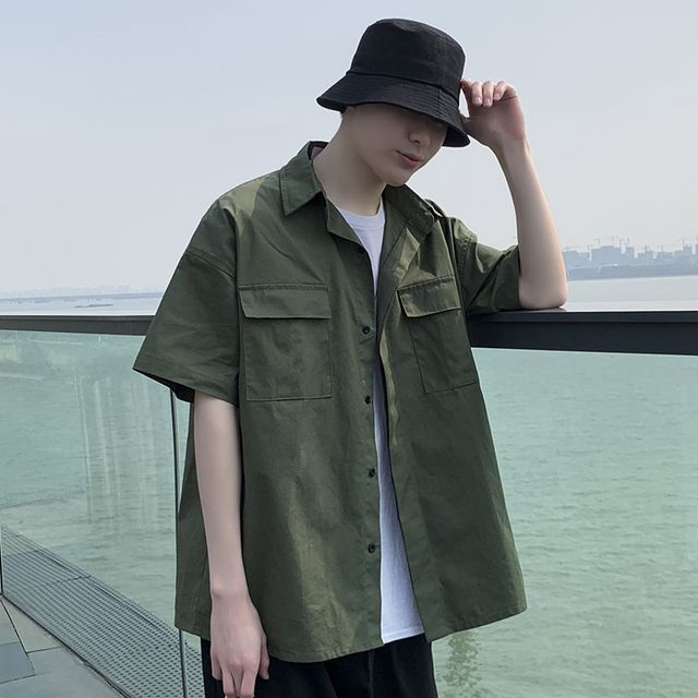 Posive-Short-Sleeve Collared Plain Shirt