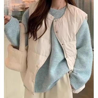 Trendycas-Round Neck Plain Button-Up Puffer Vest Sweater
