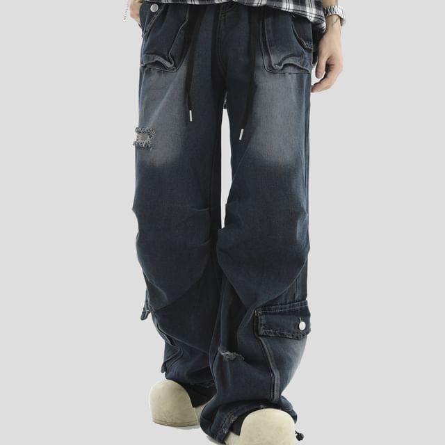 INStudio-Drawstring Waist Washed Wide Leg Cargo Jeans