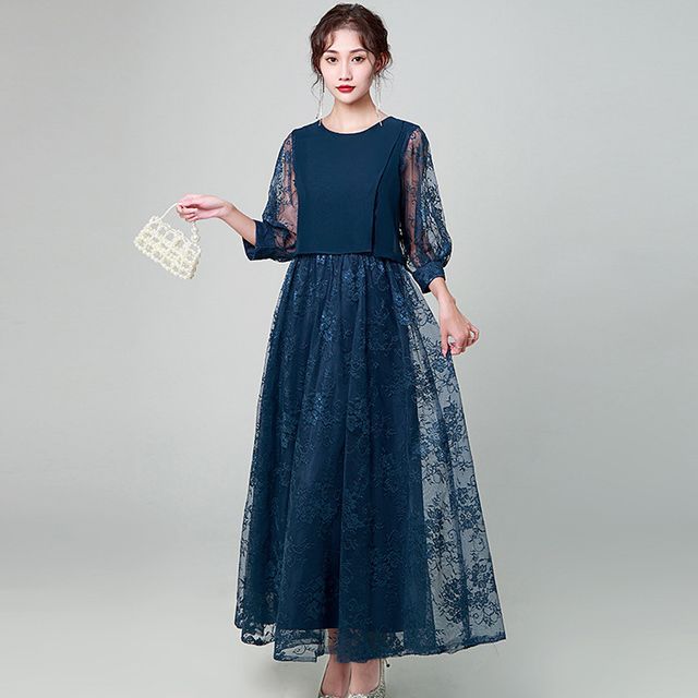 chinese dress ladies Women's Lace Dress Crewneck 3/4 Sleeves Retro Solid Color Hollow Belt A  Line Maxi Dresses Blue S at Amazon Women's Clothing store main image 0