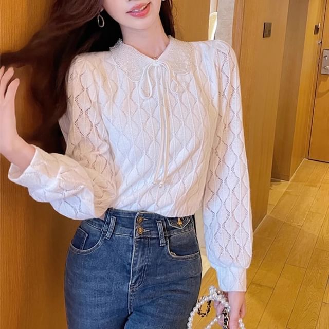 Dragan Pulse-Long Sleeve Collared Pointelle Knitted Blouse