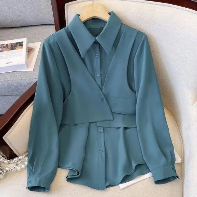 Hevnir-Long Sleeve Collared Plain Mock Two Piece Shirt