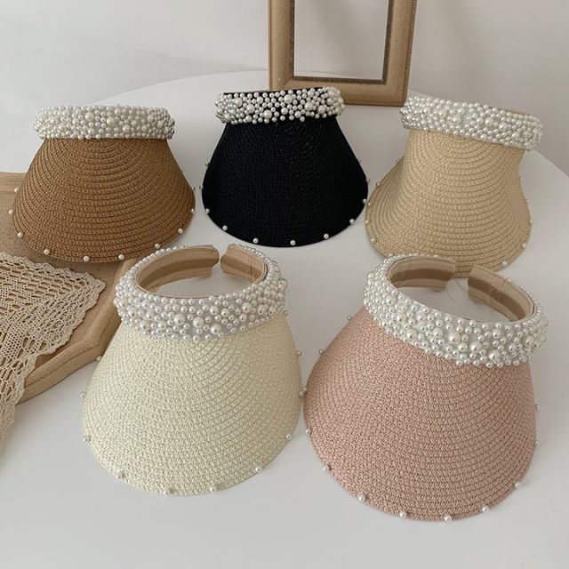 Lunashore-Faux Pearl Straw Visor Hat