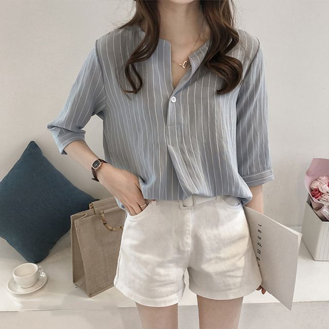 Happo-34-Sleeve Pinstriped Blouse