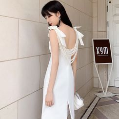 Orchidland - Faux Pearl Bow Accent Open Back Sheath Dress Orchidland - Faux Pearl Bow Accent Open Back Sheath Dress
