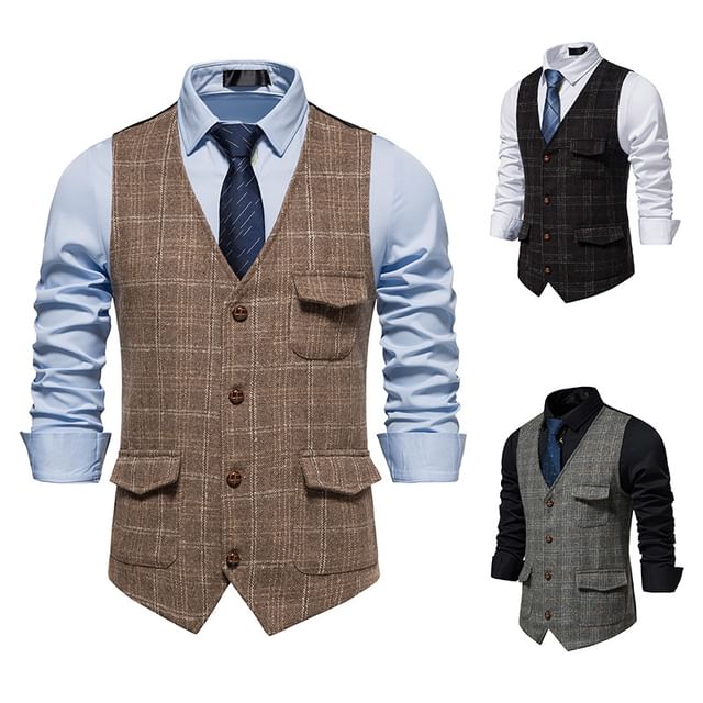 Sheck-V-Neck Plaid Tweed Button Vest