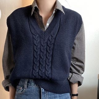 Tangihouse Plaid Shirt Cable Knit Vest Yesstyle