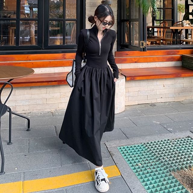 yesstyle long sleeve dress Cocaliso - Long-Sleeve Stand Collar Plain Frill Trim Tie Front Midi A-Line  Dress / V-Neck Button-Up Crop Vest / Belt / Set