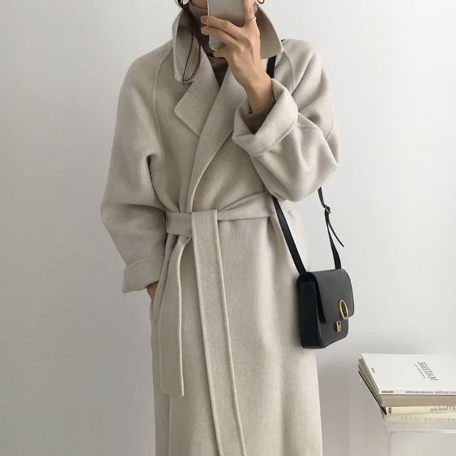 Coris-Lapel Collar Tie Waist Long Coat