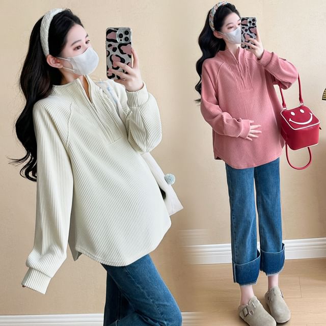 NEUF-Maternity Long-Sleeve Half Zip Plain Top