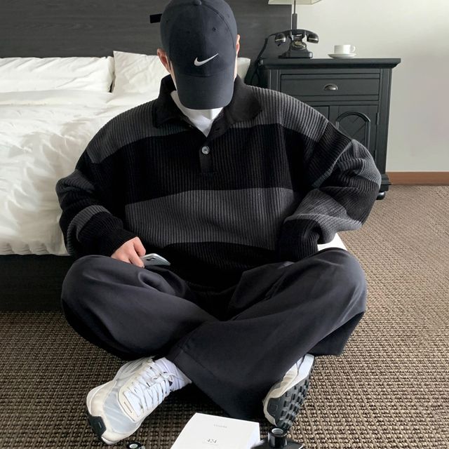 MRCYC-Long-Sleeve Striped Oversized Polo Knit Top